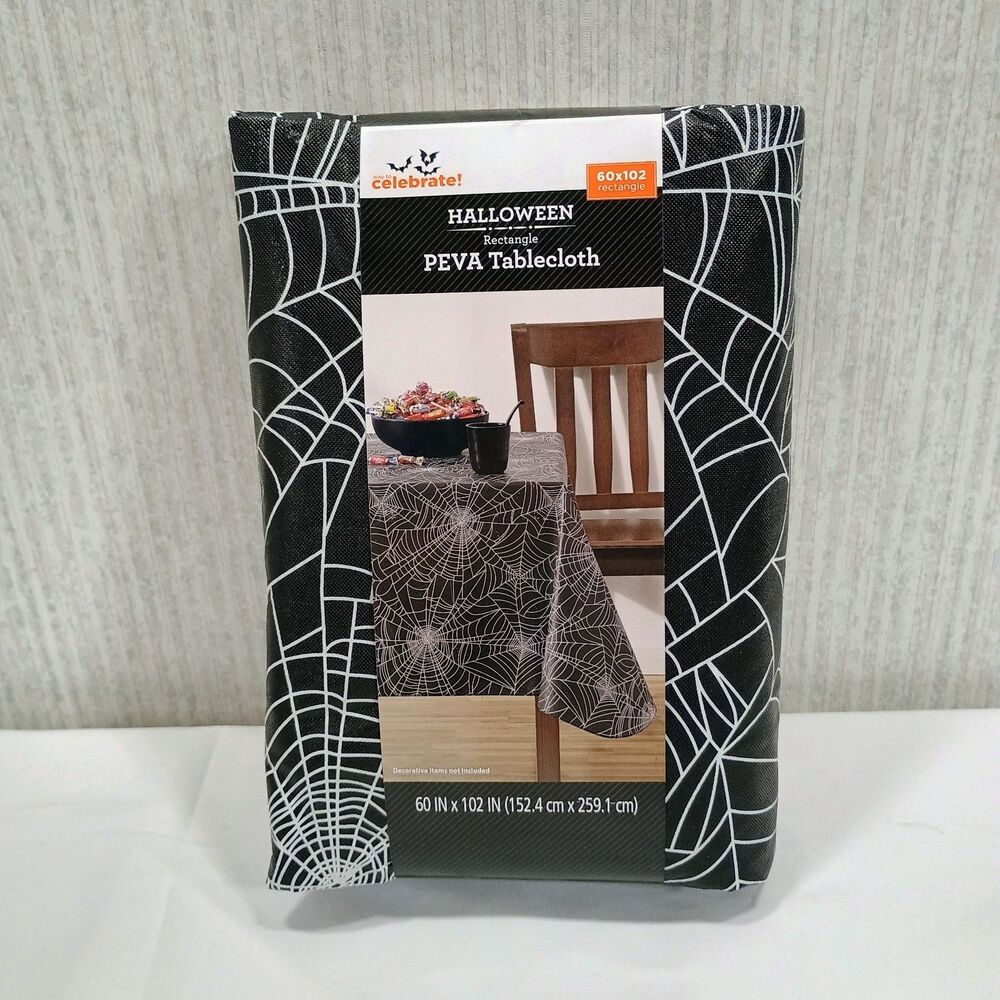Halloween Spiderweb PEVA Tablecloth – 60" x 102" – Black & White –...